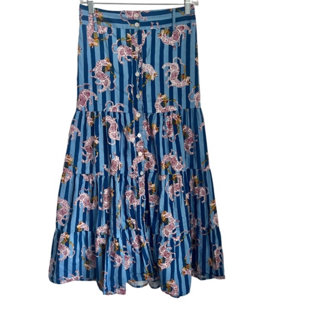 Miss Madigan Tiered Blue Stripe Zebra Animal Block Print Maxi Skirt Women's S